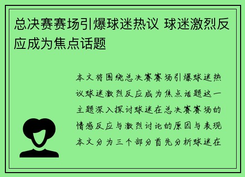 总决赛赛场引爆球迷热议 球迷激烈反应成为焦点话题